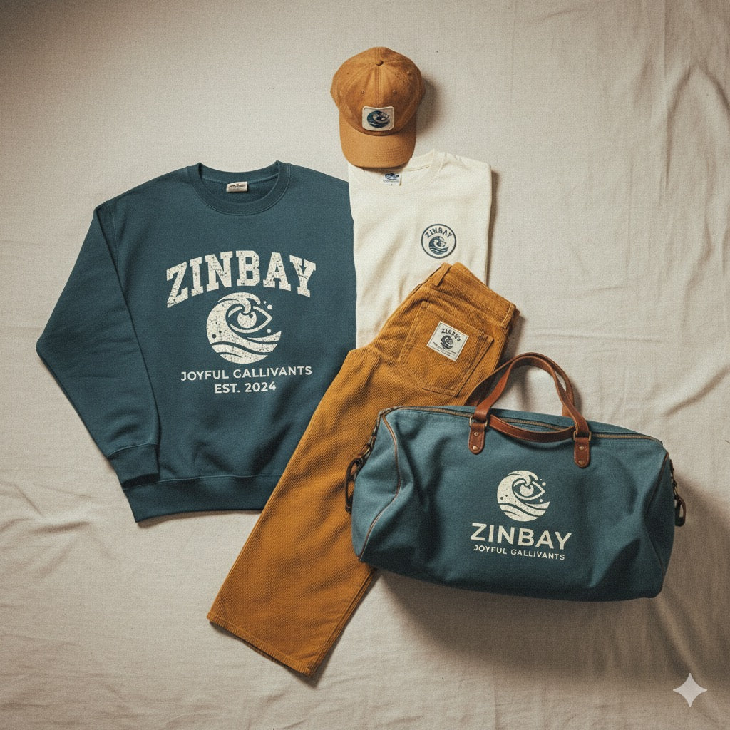 Sweatshirt ZINBAY – Bleu Profond  T-Shirt Minimal ZINBAY – Blanc Pur  Pantalon Velours Côtelé – Caramel  Casquette ZINBAY – Ton Ocre  Sac de Voyage ZINBAY – Toile Premium